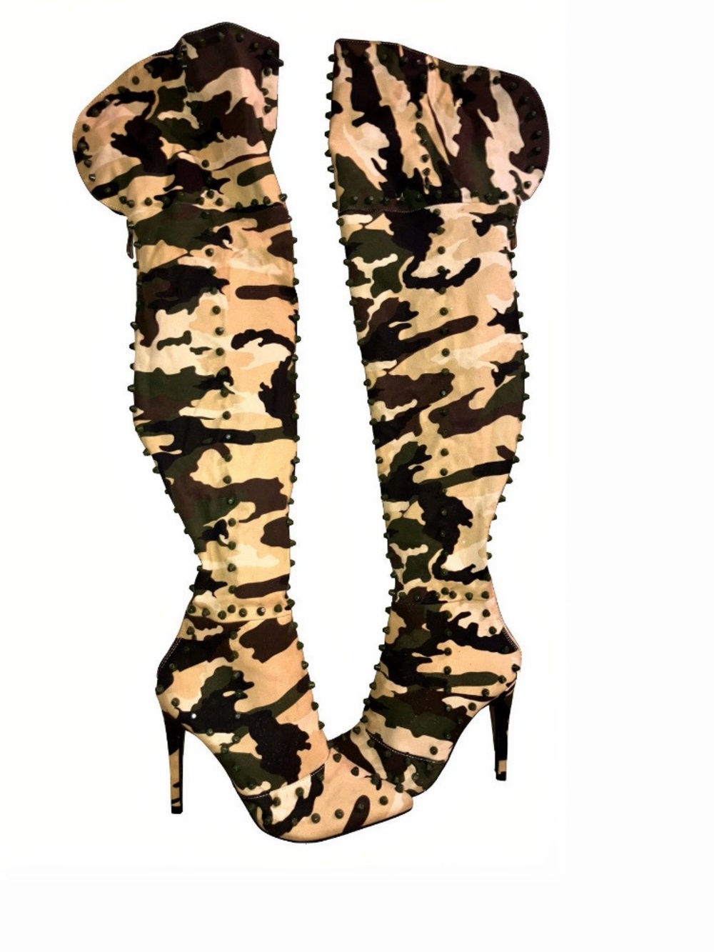 Camouflage Over-the-Knee Green studded Stiletto Boots - Women